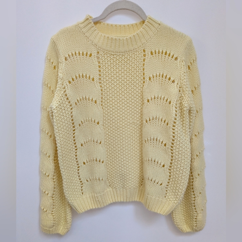 Woven Heart Butter Yellow Open Knit Long Sleeve Cottagecore Sweater Size Small